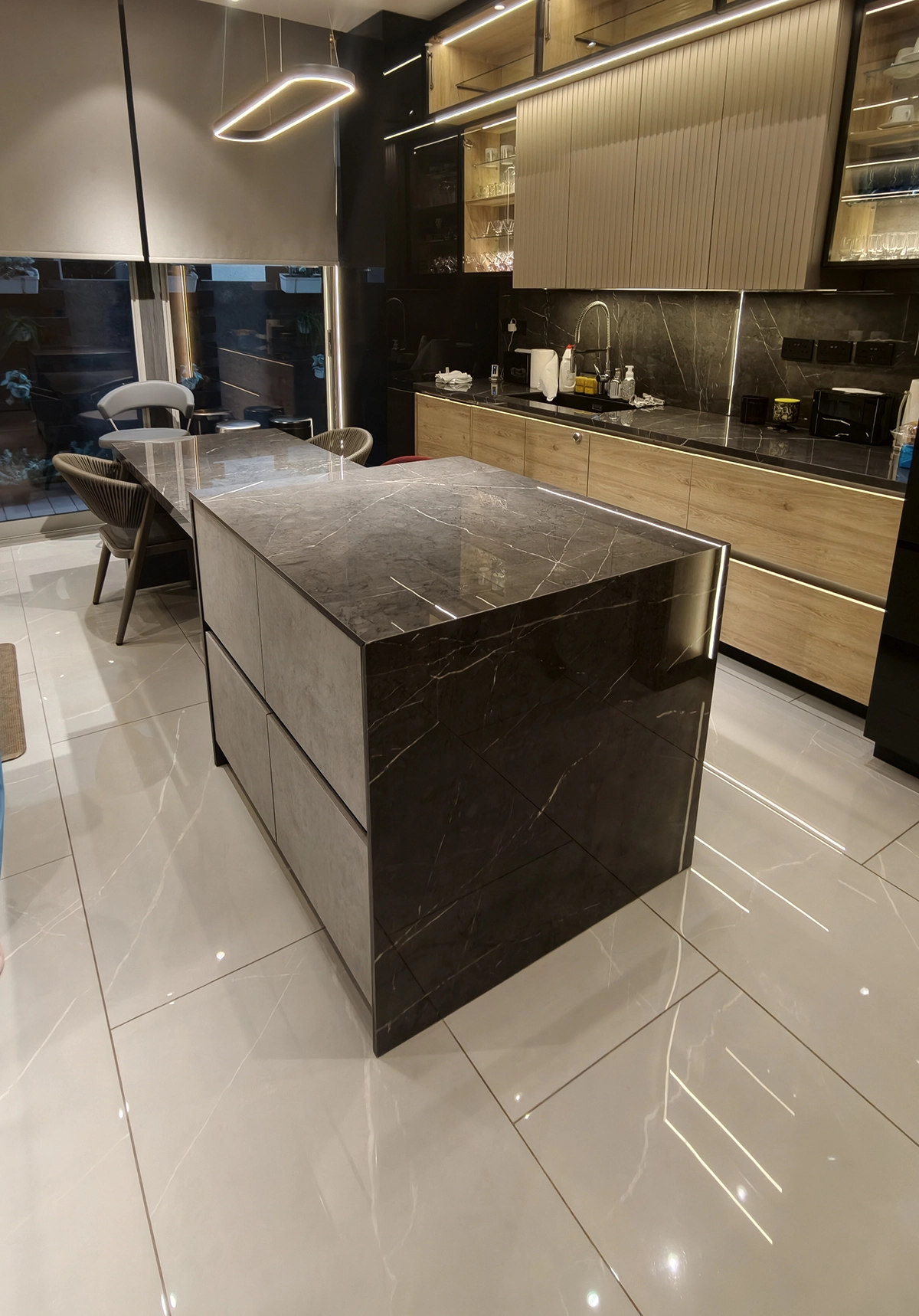 Marble kitchen countertop protected with surface film
